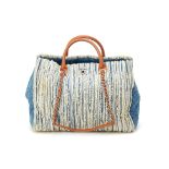 A CHANEL LARGE FRINGE DENIM SHOPPING TOTE