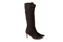 A PAIR OF KNEE HIGH BLACK SUEDE STILETTO BOOTS EU 9