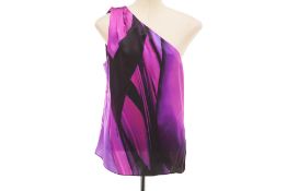 A ROBERTO CAVALLI PURPLE PRINTED ONE-SHOULDER SILK BLOUSE