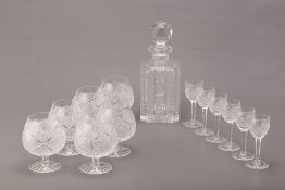 A CUT GLASS DECANTER AND DIGESTIF/LIQUER GLASSES