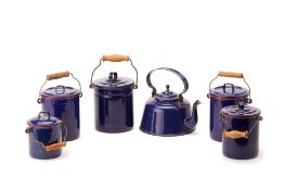 A GROUP OF VINTAGE DARK BLUE ENAMEL POTS