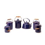 A GROUP OF VINTAGE DARK BLUE ENAMEL POTS