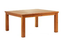 A LARGE SQUARE TEAK DINING TABLE