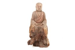 A LARGE CHINESE CARVED WOOD FIGURE OF BUDDHA