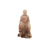 A LARGE CHINESE CARVED WOOD FIGURE OF BUDDHA