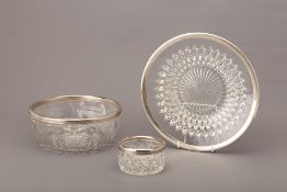 THREE SILVER PLATE MOUNTED GLASS BOWLS