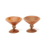 A PAIR OF LARGE TURNED WOOD PEDESTAL BOWLS