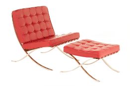 A RED LEATHER FORMA 'BARCELONA' TYPE CHAIR AND FOOTSTOOL