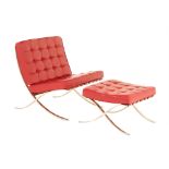 A RED LEATHER FORMA 'BARCELONA' TYPE CHAIR AND FOOTSTOOL