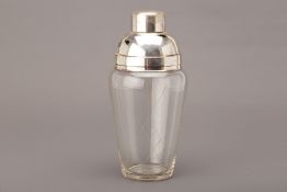 A SILVER PLATE MOUNTED GLASS COCKTAIL SHAKER