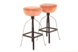 A PAIR OF PINK VELVET UPHOLSTERED STOOLS