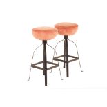 A PAIR OF PINK VELVET UPHOLSTERED STOOLS