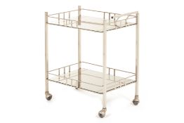 A VINTAGE SMOKED GLASS & METAL BAR TROLLEY