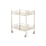 A VINTAGE SMOKED GLASS & METAL BAR TROLLEY