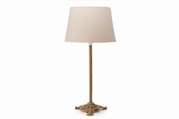 A BRASS TABLE LAMP WITH GREY SHADE