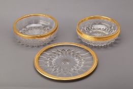 THREE VAL ST LAMBERT GILT METAL MOUNTED GLASS DISHES