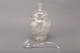 A GLASS PUNCH JAR AND COVER WITH LADLE