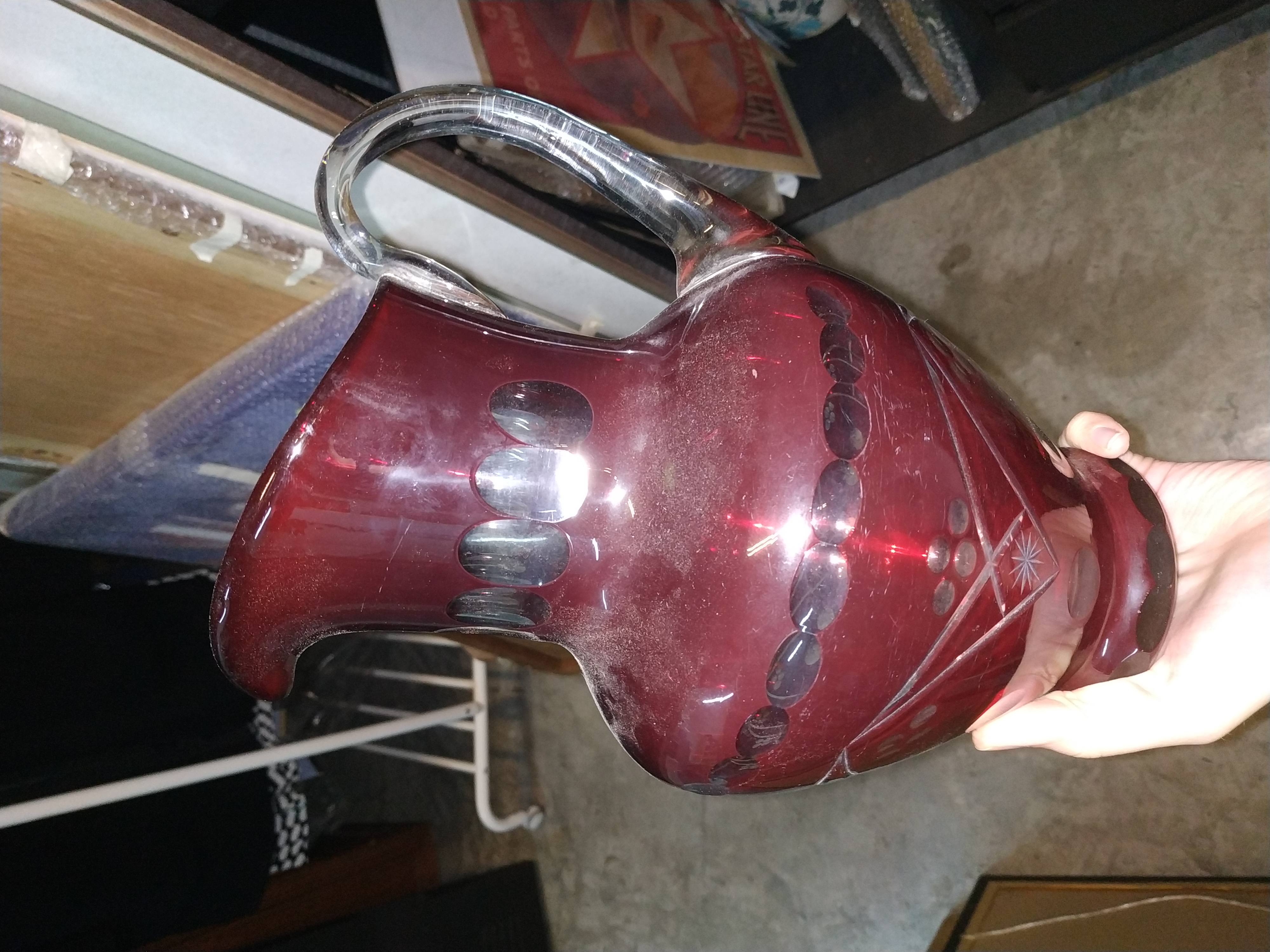 A RUBY FLASHED AND CUT GLASS WATER JUG - Image 3 of 3