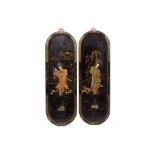 A PAIR OF HARDSTONE INLAID BLACK LACQUER WALL PANELS