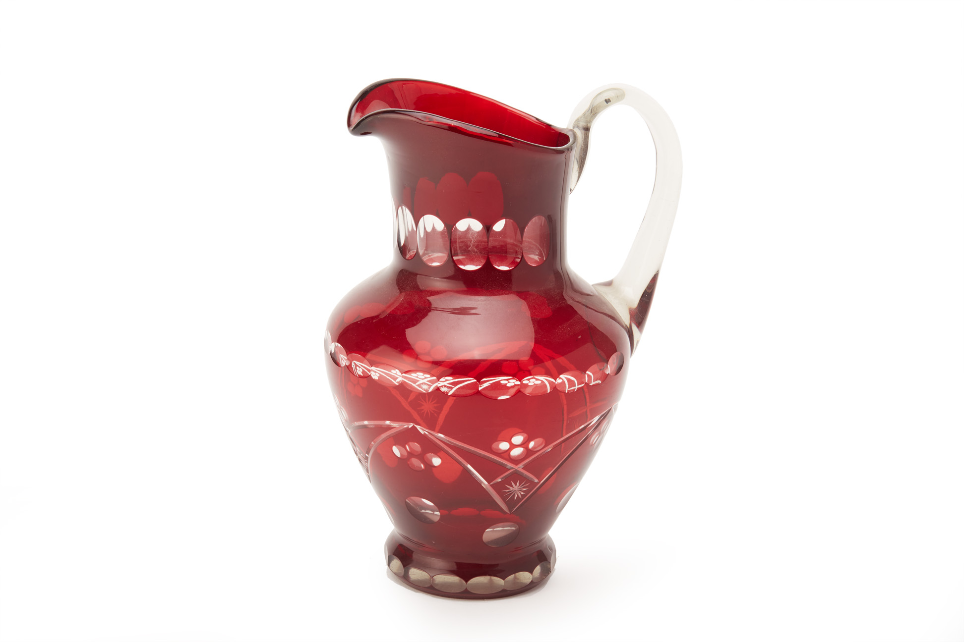 A RUBY FLASHED AND CUT GLASS WATER JUG