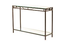 A GLASS TOPPED AND WROUGHT IRON CONSOLE TABLE