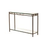 A GLASS TOPPED AND WROUGHT IRON CONSOLE TABLE