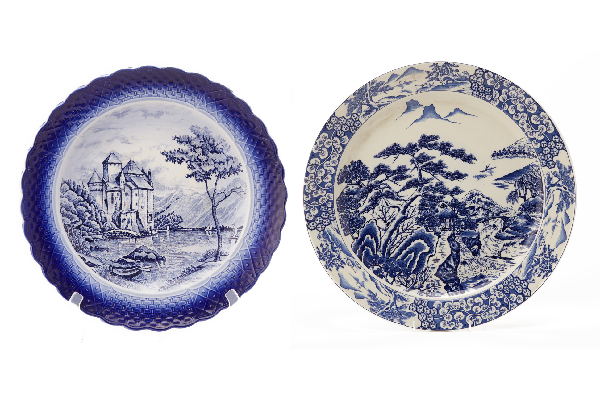 TWO JAPANESE BLUE & WHITE LANDSCAPE CHARGERS