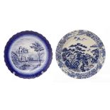 TWO JAPANESE BLUE & WHITE LANDSCAPE CHARGERS