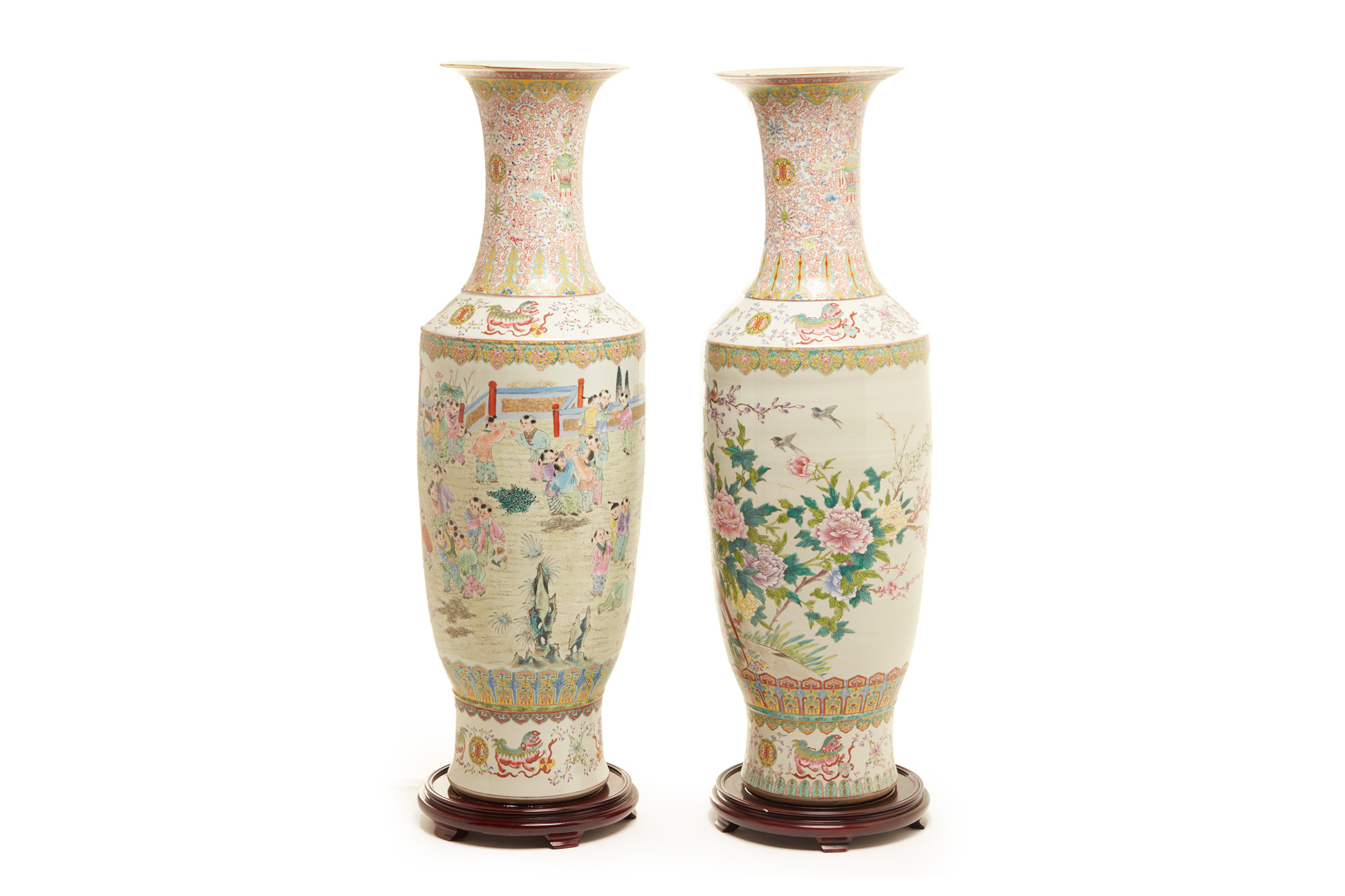 TWO VERY LARGE FAMILLE ROSE PORCELAIN FLOOR VASES