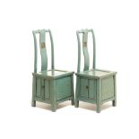 A PAIR OF CHINESE TEAL/GREEN PAINTED CHAIRS