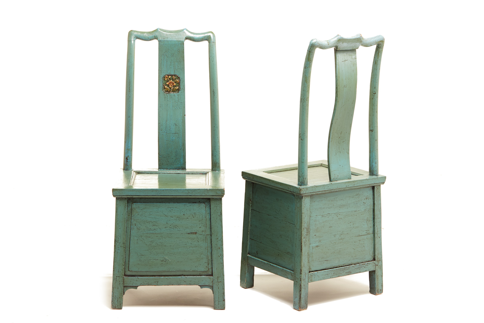 A PAIR OF CHINESE TEAL/GREEN PAINTED CHAIRS - Image 3 of 4