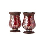 A PAIR OF RUBY GLASS AND MOSAIC LANTERNS