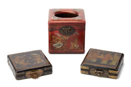 TWO SETS OF CHINESE COASTERS AND A TISSUE BOX