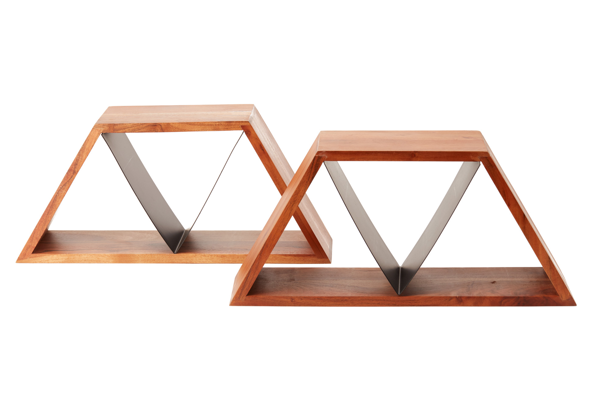 A PAIR OF CONTEMPORARY WOOD AND METAL SHELVES