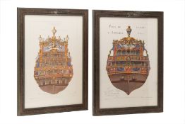 TWO FRENCH PRINTS OF SHIP'S STERNS