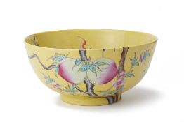 A LARGE YELLOW GROUND PEACH AND BAT BOWL