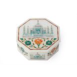 AN HEXAGONAL INDIAN INLAID MARBLE BOX AND COVER