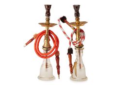 TWO GILT DECORATED GLASS AND BRASS SHISHA PIPES