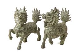 A PAIR GREEN PATINATED CAST METAL QILIN