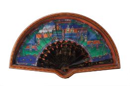 A CHINESE CANTON BLACK AND GILT LACQUER FAN