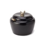A BLACK LACQUER BOWL AND COVER WITH SPOON