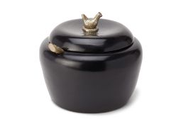 A BLACK LACQUER BOWL AND COVER WITH SPOON