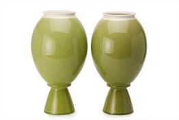 A PAIR OF GREEN CRACKLED-GLAZED PORCELAIN VASES