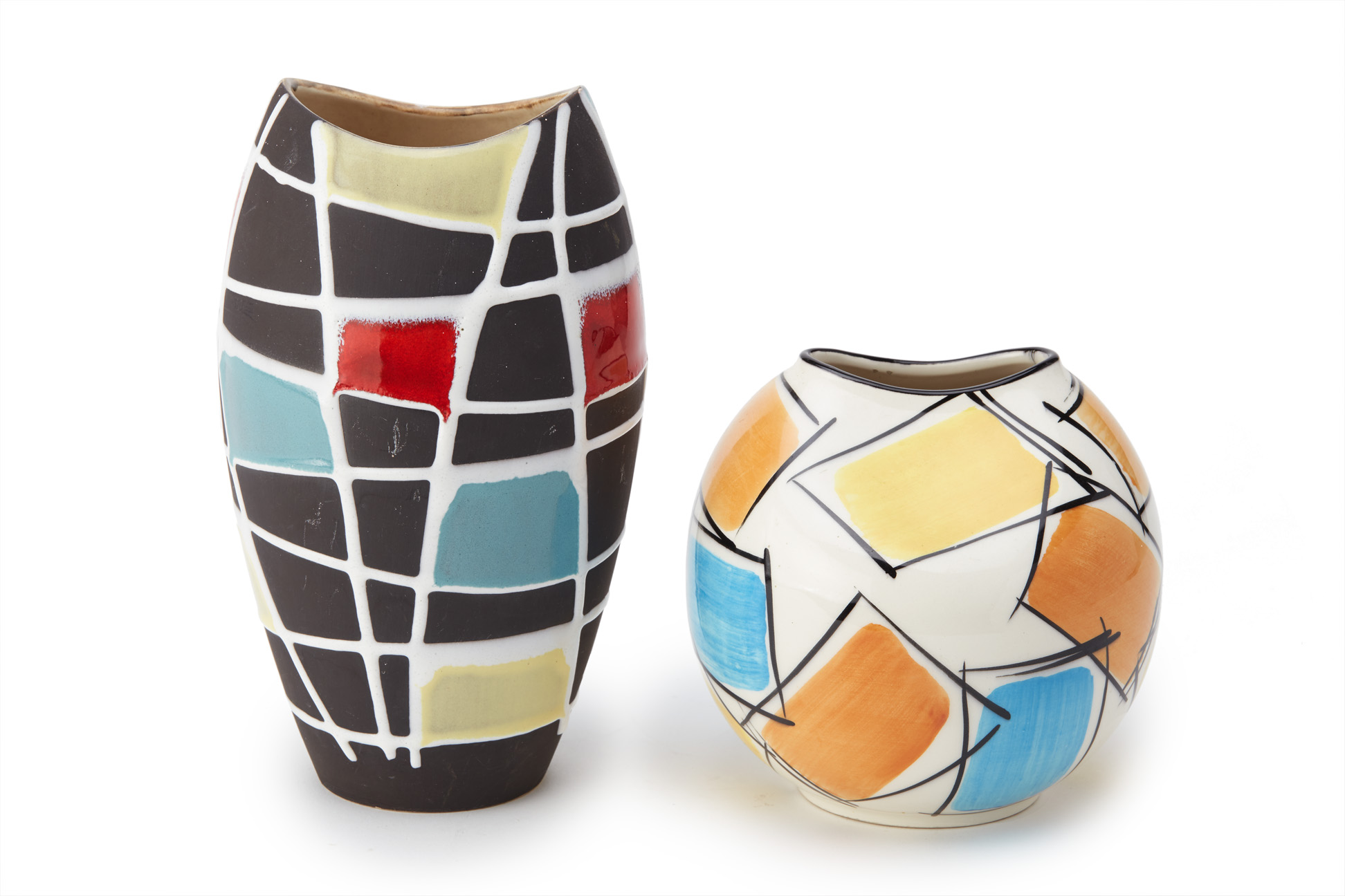 TWO VINTAGE GERMAN MULTICOLOURED PATCHWORK VASES