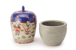 A CRACKLE GLAZED JARDINIERE AND A FAMILLE ROSE GINGER JAR