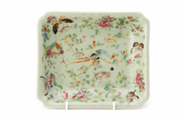 A CELADON GROUND FAMILLE ROSE RECTANGULAR DISH