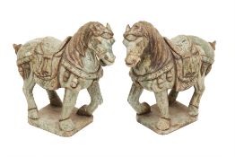 A PAIR OF LARGE CARVED JADE HORSES