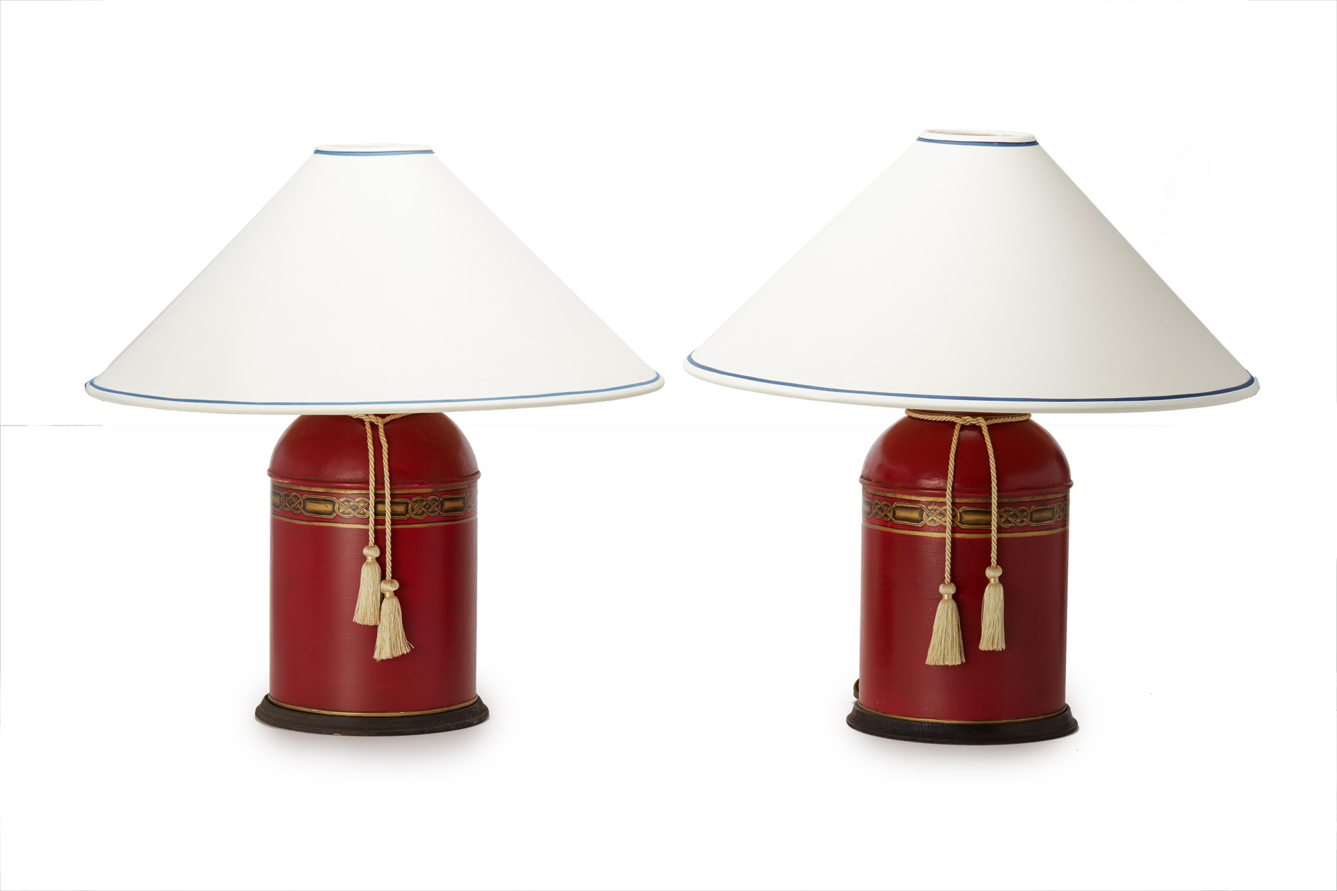 A PAIR OF TOLEWARE TEA CANISTER TYPE TABLE LAMPS