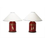 A PAIR OF TOLEWARE TEA CANISTER TYPE TABLE LAMPS