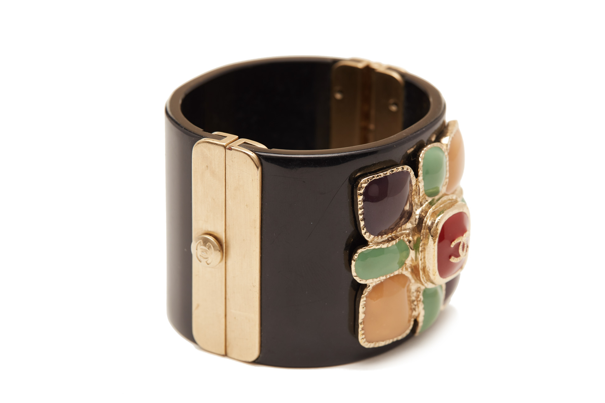 A CHANEL BLACK CUFF WITH MULTICOLOUR STONE FLOWER - Image 2 of 2